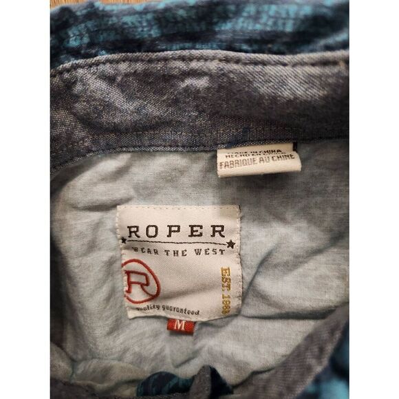 Roper Pearl Snap Southwest design Turquoise  chest pockets Men's Medium cotton - Picture 2 of 8
